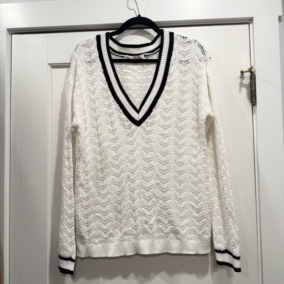 Anthropologie Flat White V-Neck Pointelle Sweater Tennis Prep Preppy Academia - Picture 4 of 14